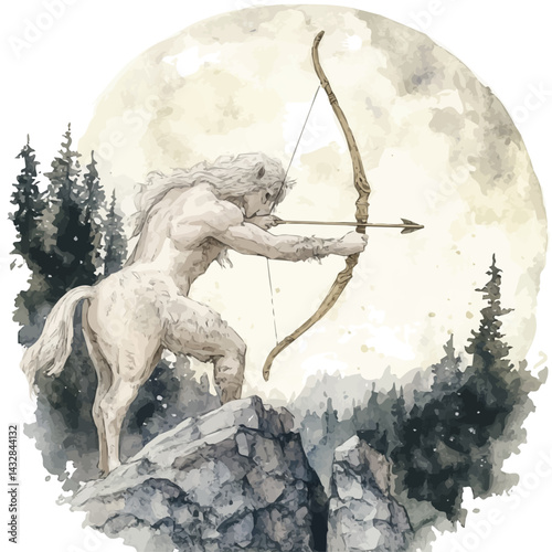 illustration of Centaur Drawing A Bow Under A Moonlit Sky, watercolor vector, isolated on a white background.