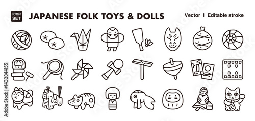 Japanese folk toys and traditional dolls line icon set. Vector editable stroke icon.