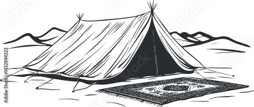 Black and white illustration of a camping tent with a rug outside set in a mountainous desert landscape