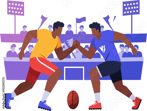 Vector Illustration of Sports Playoffs Showdown – Two Male Athletes Competing in Stadium with Crowd Background