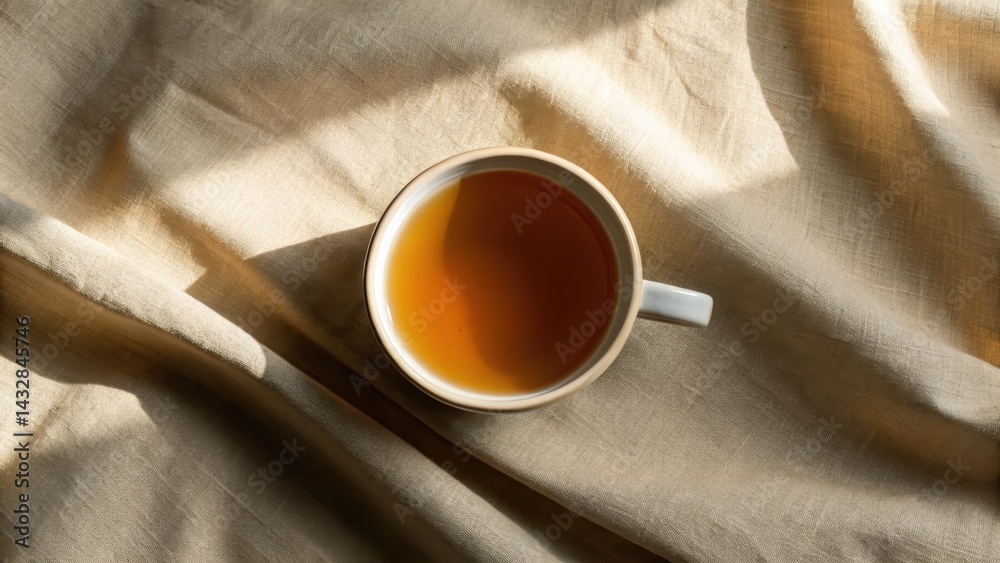 A top-down view of a cup filled with tea, set on a textured golden fabric, creating a warm, inviting atmosphere.