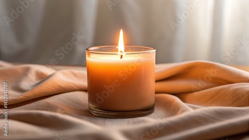 Obraz na płótnie A lit candle sits on soft fabric, casting a warm glow in a serene atmosphere. w salonie