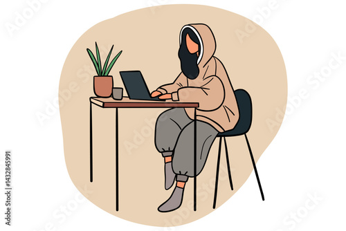 Cozy Remote Work Illustration – Woman Working from Home on Laptop.