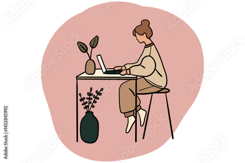 Cozy Remote Work Illustration – Woman Working from Home on Laptop.