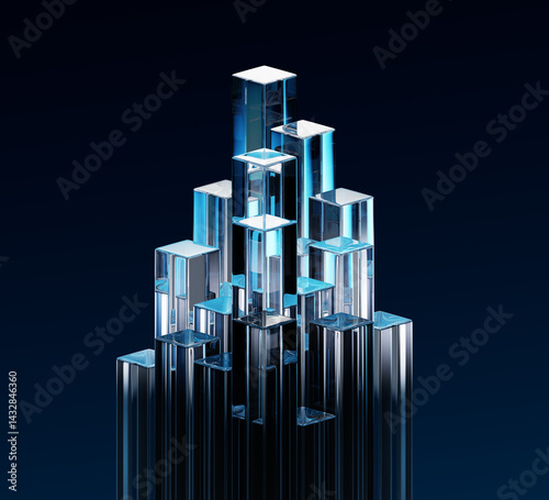 Fototapeta Naklejka Na Ścianę i Meble -  3d glass transparent rectangle pillars on black background. Crystal glossy columns with light blue gradient on abstract dark bg. Ice block composition with holographic effect render. 3D illustration