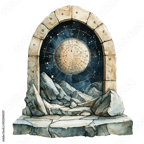 illustration of Celestial Map Carved On A Monolith, watercolor vector, isolated on a white background.