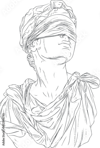 Detailed line art of a blindfolded classical woman statue with flowing drapery and elegant profile.
