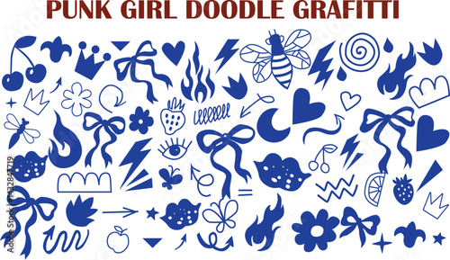 Punk girl doodle grafitti. Bow girly tattoo. Cute hand drawn heart, cherry, bow. Rock star vintage grunge vector. Punk tattoo icon set. Sketch scribble shape. Chalk ribbon flower kiss. 