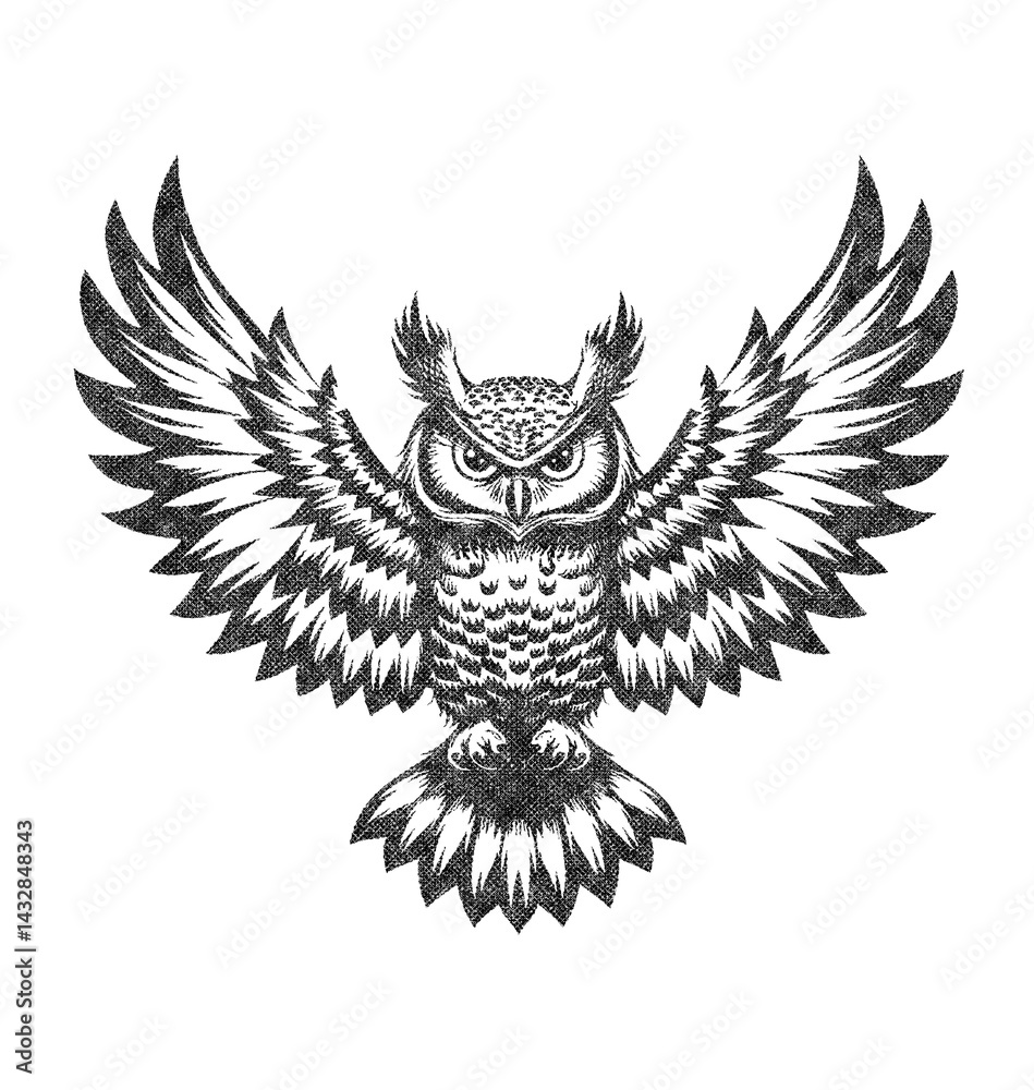 Obraz premium Owl Illustration with Risograph Overprint and Retro Texture