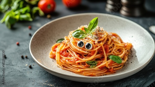 A plate of spaghetti with tomato sauce, basil and googly eyes. Use for a funny food blog, kids menu or cooking class add.