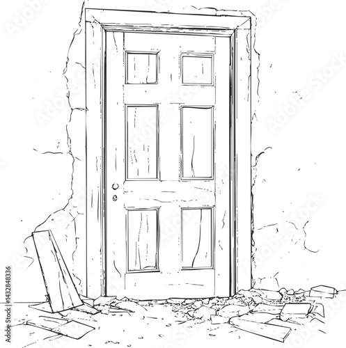 Line art sketch of an old wooden door with frame surrounded by broken wall and debris on the floor