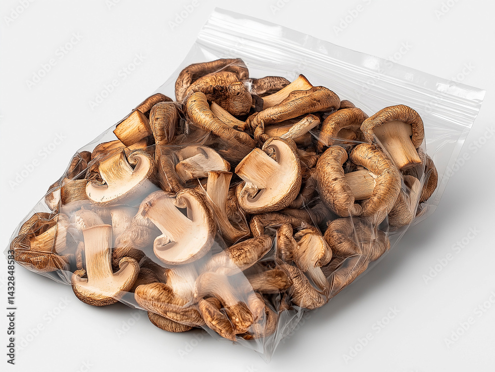 Sliced baby bella mushrooms in a clear plastic zip-top bag, showcasing their earthy brown color and texture, ready for cooking or retail sale.