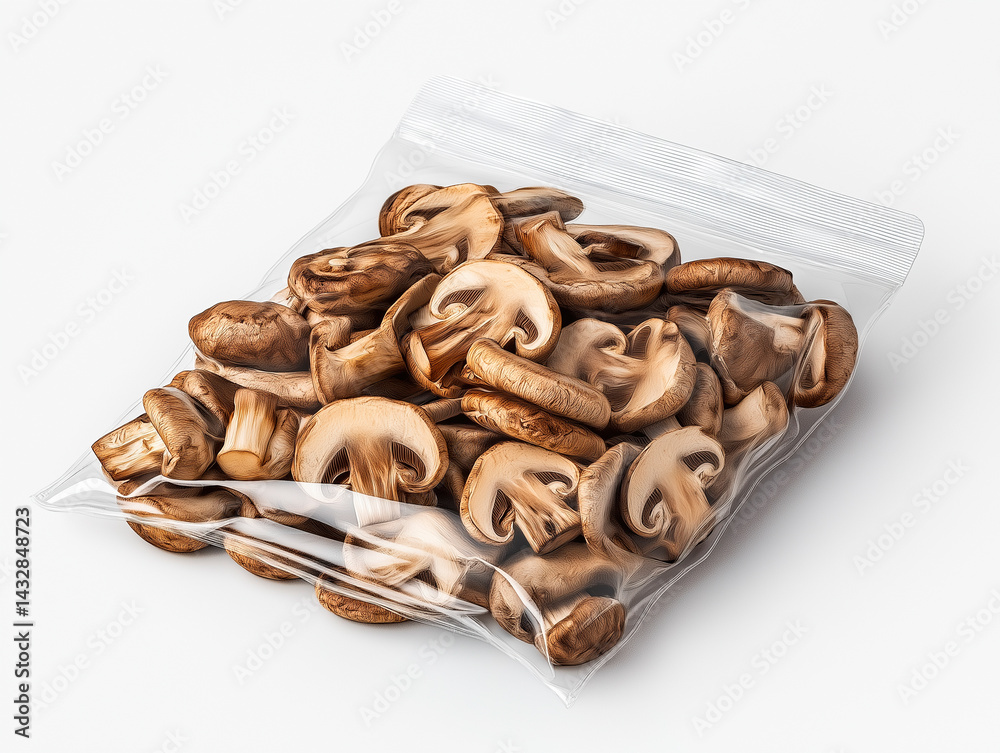 Sliced baby bella mushrooms in a clear plastic zip-top bag, showcasing their earthy brown color and texture, ready for cooking or retail sale.