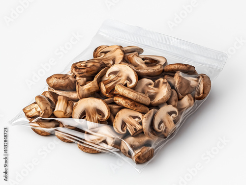 Obraz na płótnie Sliced baby bella mushrooms in a clear plastic zip-top bag, showcasing their earthy brown color and texture, ready for cooking or retail sale. w salonie