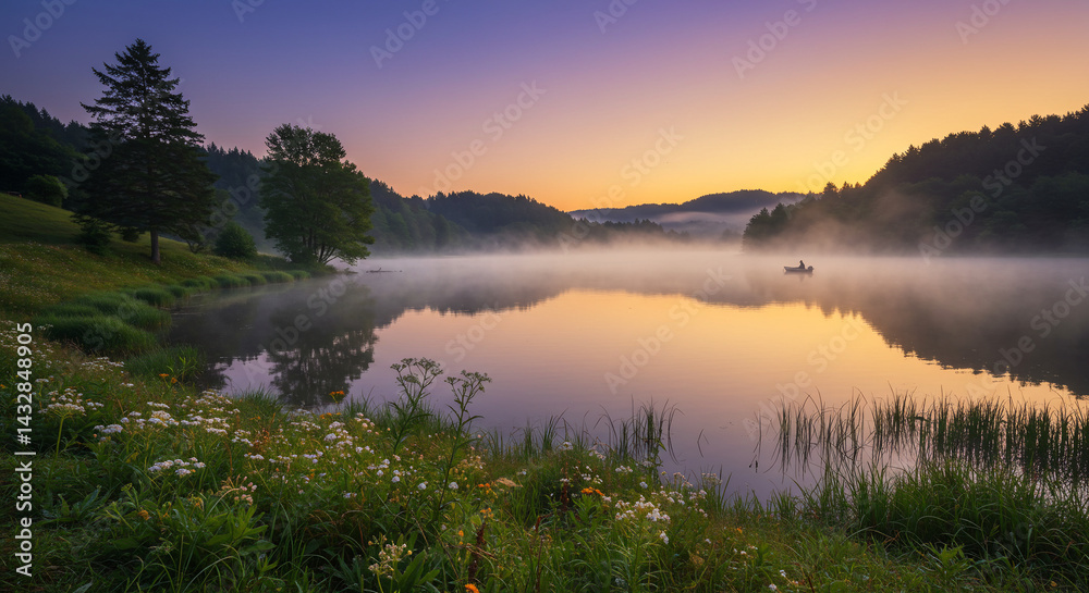 Fototapeta premium Tranquil Sunrise Over Misty Lake with Wildflowers and Boat