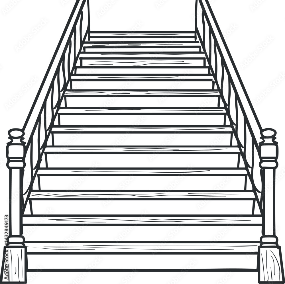 Wooden staircase with handrails on both sides and multiple steps in upward perspective Wooden staircase with handrails on both sides and multiple steps in upward perspective