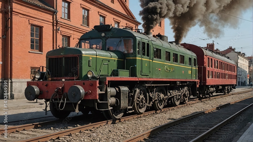 Fototapeta premium Historic Steam Train Countryside Journey, Railway Heritage Green Locomotive Illustration