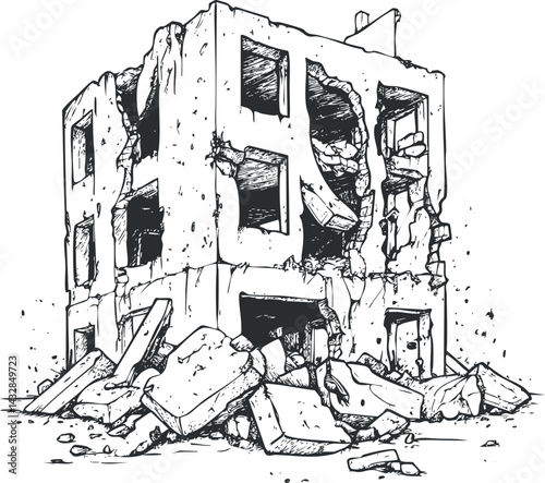 Black and white illustration of a heavily damaged and ruined multi-story building with rubble and debris around it after destruction