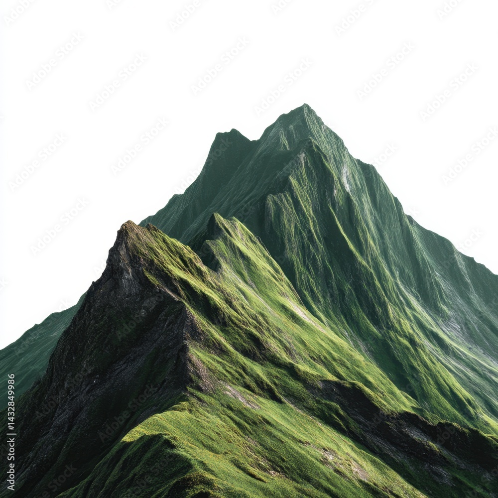 Majestic mountain range covered in vibrant green grass against a clear white background showcasing nature's beauty and scenic landscape with an eye level view