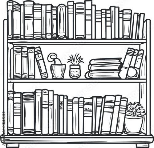 Black and white line art illustration of a bookshelf filled with books and potted plants on wooden shelves