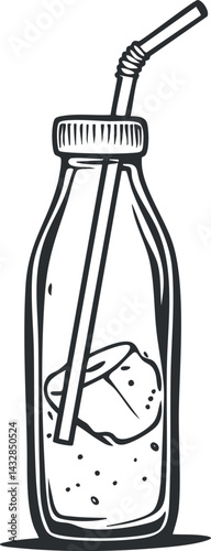 Black and white illustration of a bottle with ice cubes and a straw for a cold drink or beverage