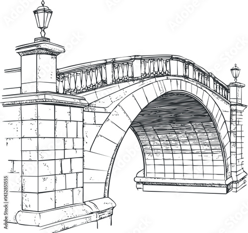 Detailed black and white sketch of a stone arch bridge with decorative balustrades and lamps
