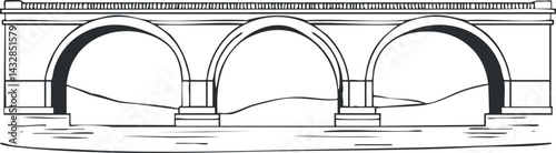 Black and white illustration of a three-arch stone bridge spanning over water with landscape in the background