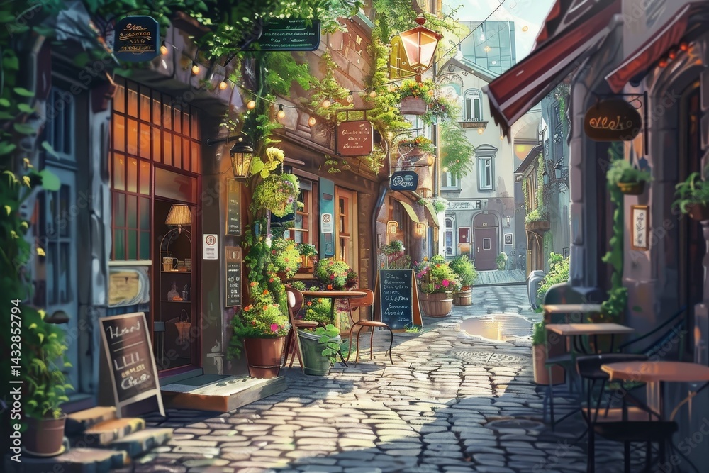 Fototapeta premium A narrow alleyway lined with charming shops and cafes, bathed in warm sunlight, Draw a cozy, cobblestone alleyway lined with quaint shops and cafes