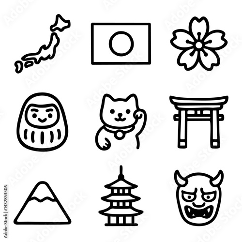 Set of black and white icons representing Japanese culture, including landmarks, traditions, folklore, and national symbols