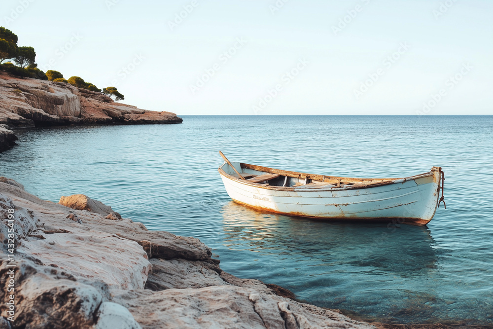 Fototapeta premium Little white boat on a calm sea.