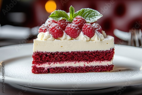 Wallpaper Mural Red velvet cake slice topped with cream, raspberries, and mint leaf. Showcase culinary creations, recipes, or dessert-themed designs. Torontodigital.ca