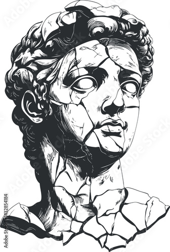 Black and white illustration of a cracked classical marble bust sculpture depicting a fragmented ancient head