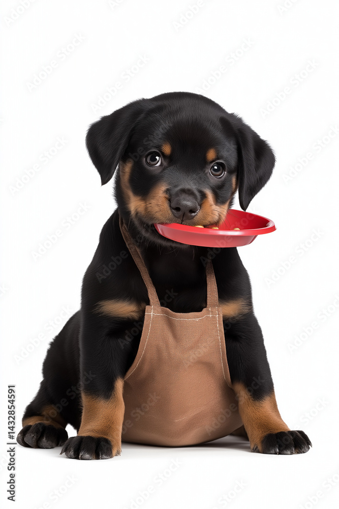 Fototapeta premium Charming Rottweiler puppy in apron holding red dog food plate, portraying humorous and cute pet behavior on white background