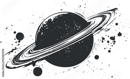 Black and white artistic illustration of a ringed planet resembling Saturn with splatter texture