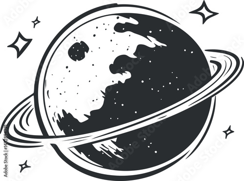 Black and white illustration of a planet with rings and stars in outer space, cosmic astronomy art