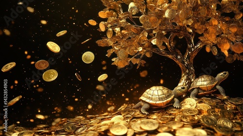 Turtles near golden money tree; coins falling.  Wealth, prosperity concept