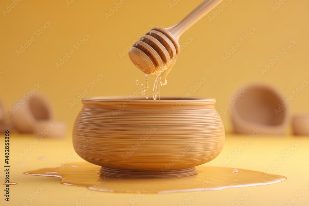 Honey dripping from dipper into pot on yellow background smooth texture and warm color palette evokes sweetness and natural goodness perfect for food and beverage concepts Honey dripping from dipper into pot on yellow background smooth texture and warm color palette evokes sweetness and natural goodness perfect for food and beverage concepts