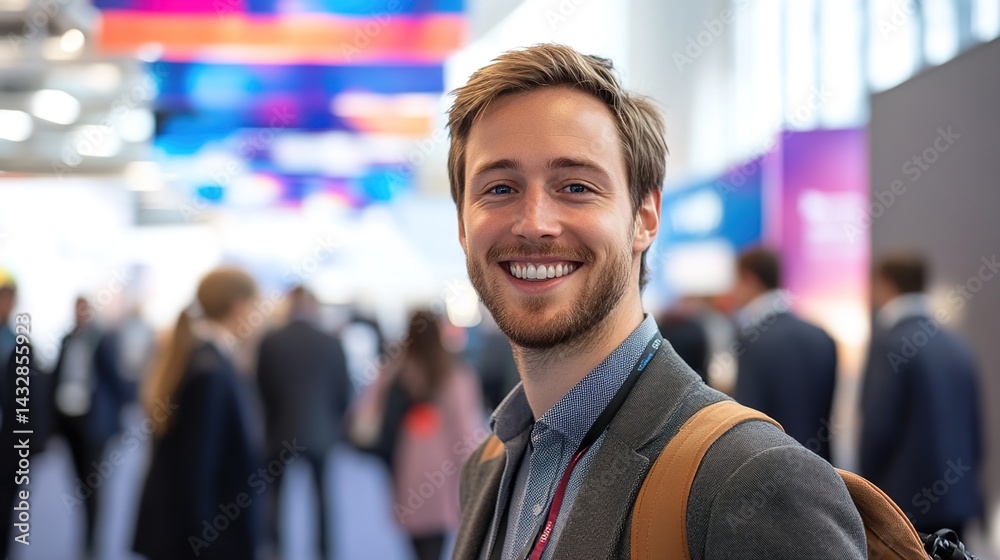 Fototapeta premium A smiling blonde bearded man in a suit jacket, shirt, and brown backpack at a lively exhibition with blurred crowds and colorful booths.