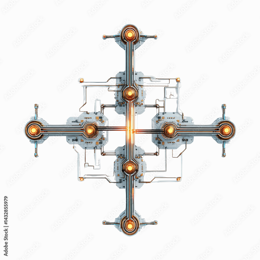 Naklejka premium Futuristic Cross-Shaped Technological Network Abstract 3D Render