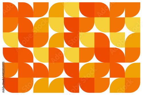 Geometric seamless pattern with orange and yellow abstract half circle shapes on white background