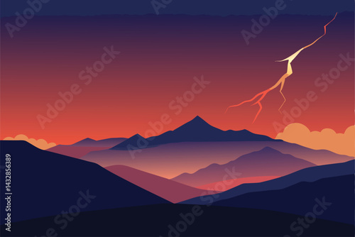 distant lightning illuminating hilly landscape