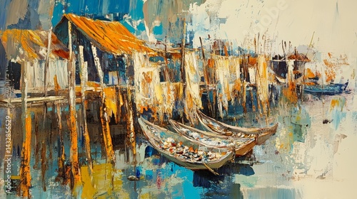 Painting shows boats near buildings on water with an impressionistic style.