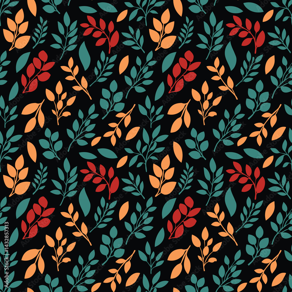 seamless pattern design features colorful leaves in red, orange, and green on a black background, creating a vibrant and elegant botanical theme seamless pattern design features colorful leaves in red, orange, and green on a black background, creating a vibrant and elegant botanical theme