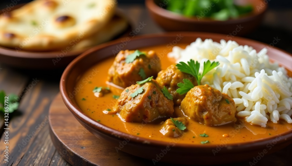 Creamy lamb korma curry with aromatic spices, naan bread and basmati rice on wooden table, wooden table, delicious Creamy lamb korma curry with aromatic spices, naan bread and basmati rice on wooden table, wooden table, delicious