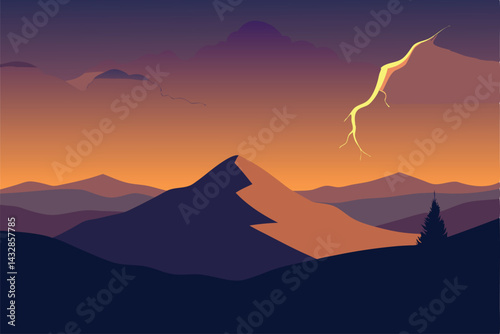 distant lightning illuminating hilly landscape .eps
