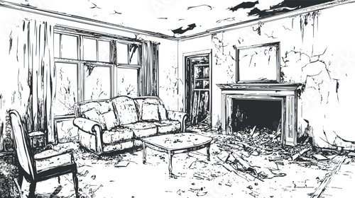 Black and white sketch of a dilapidated living room with broken furniture and damaged walls