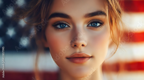 Beautiful woman photo with American flag background. AI generated images. photo