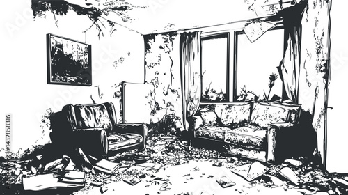 Black and white illustration of an abandoned and dilapidated living room with damaged furniture and peeling walls filled with debris.