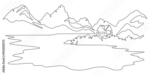 Continuous one line drawing residential house on the shore of a mountain lake. Mountain landscape. House on the lake.