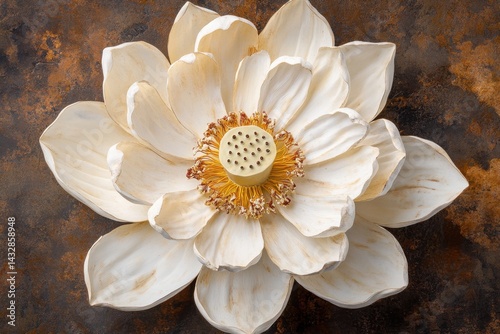 Elegant ivory lotus blossom with golden center on rustic textured background artistic floral still life serene botanical beauty nature inspired artwork